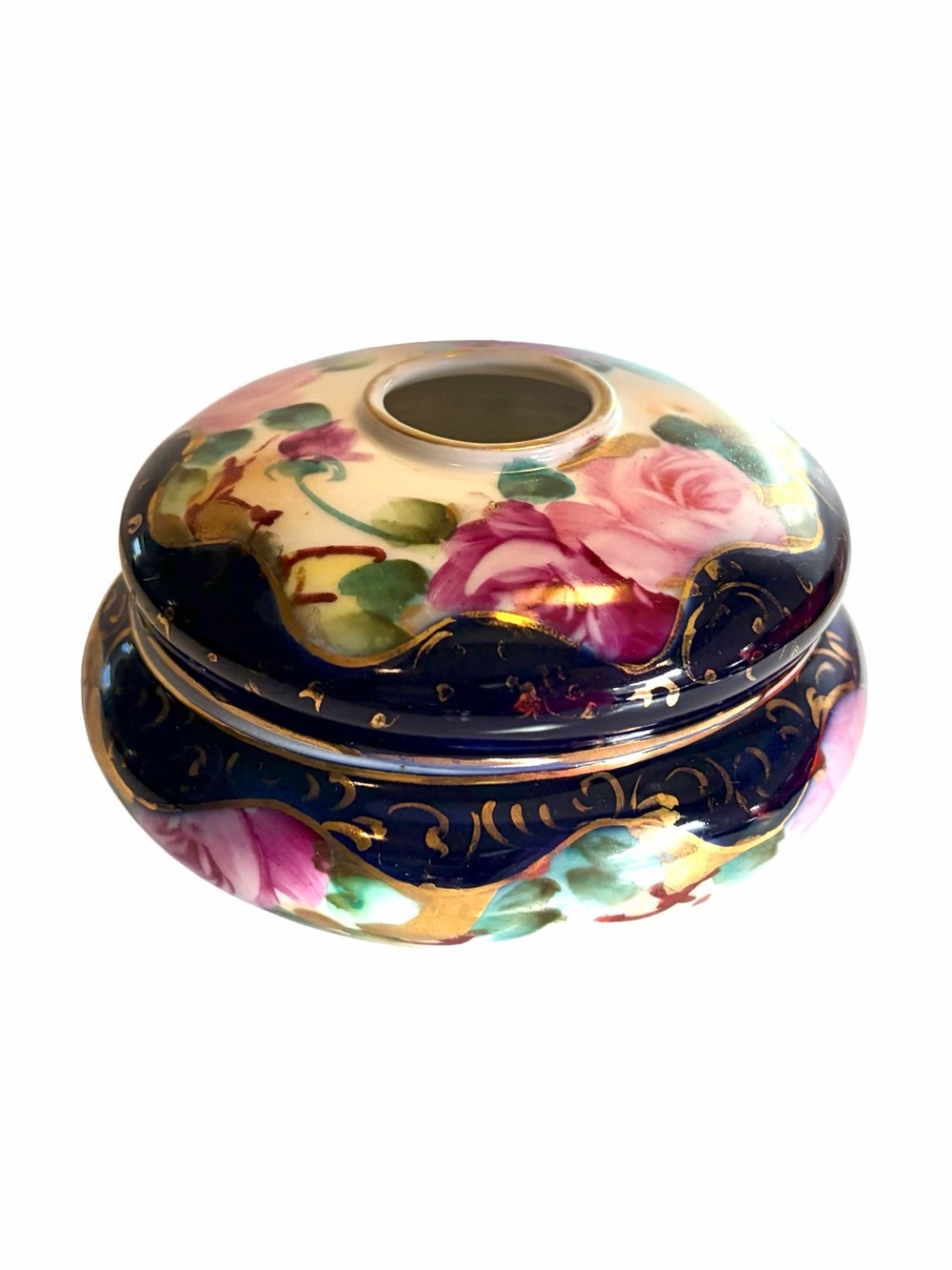 Vintage 4” Hand Painted Porcelain Hair Receiver Trinket Box Dresser Accessory